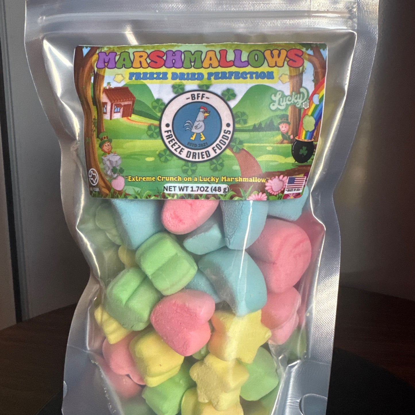 Freeze-dried rainbow candy crunchy texture colorful pieces