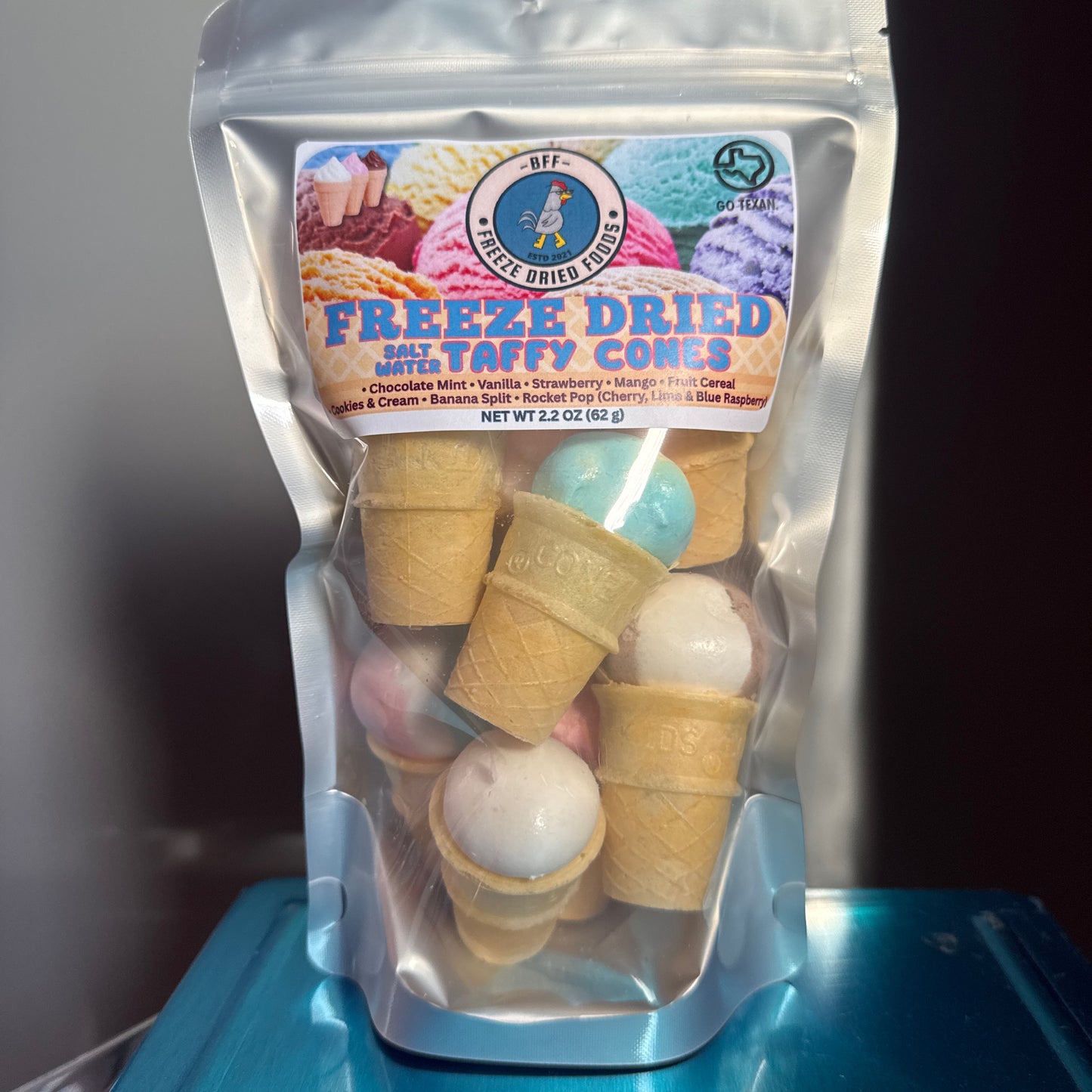 Freeze-dried taffy cones colorful assorted flavors